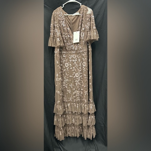 MAC DUGGAL 9270 Sequin Embellished Flutter Sleeve Faux Wrap V-Neck Tiered Gown - Picture 4 of 8